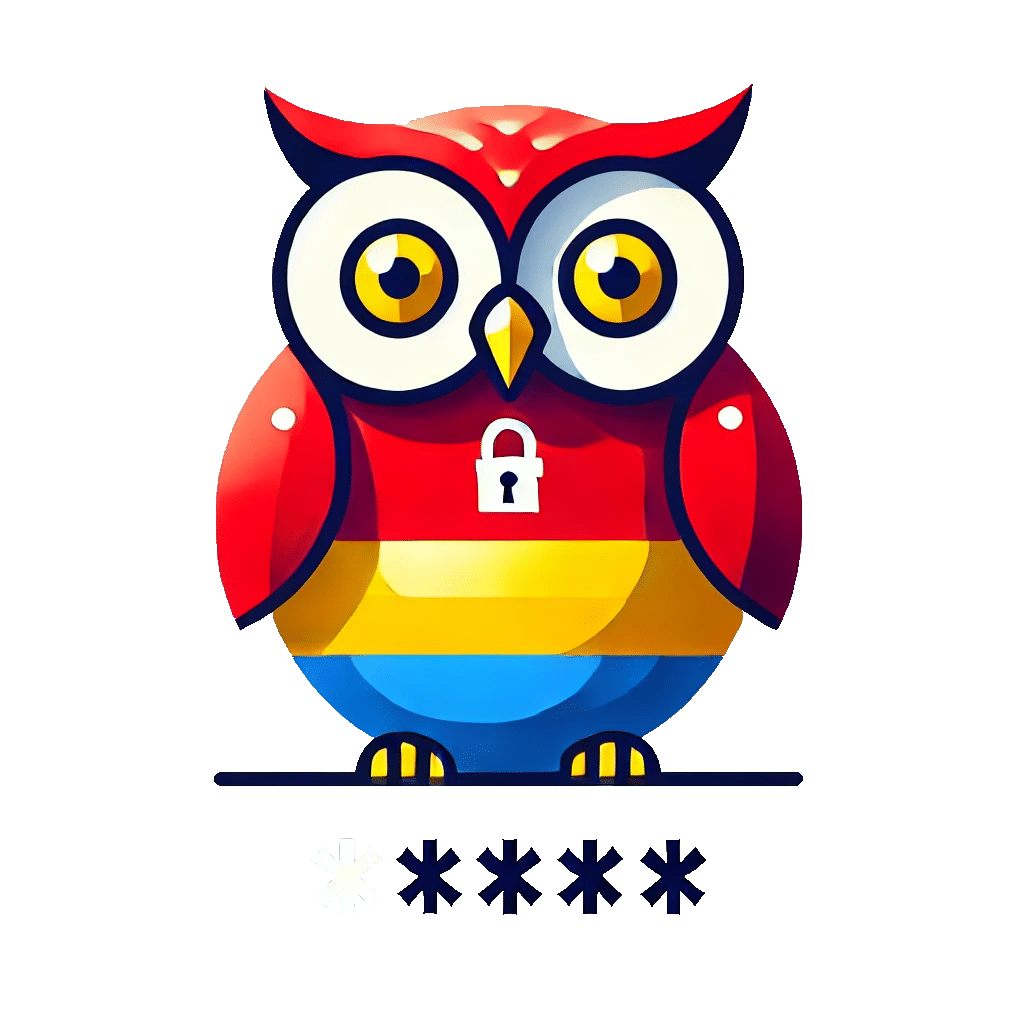 DALL·E 2024-09-19 19.00.33 - A modern owl design, maintaining the colors from the provided reference image, which are red, yellow, and blue. The owl should look like it is ready t