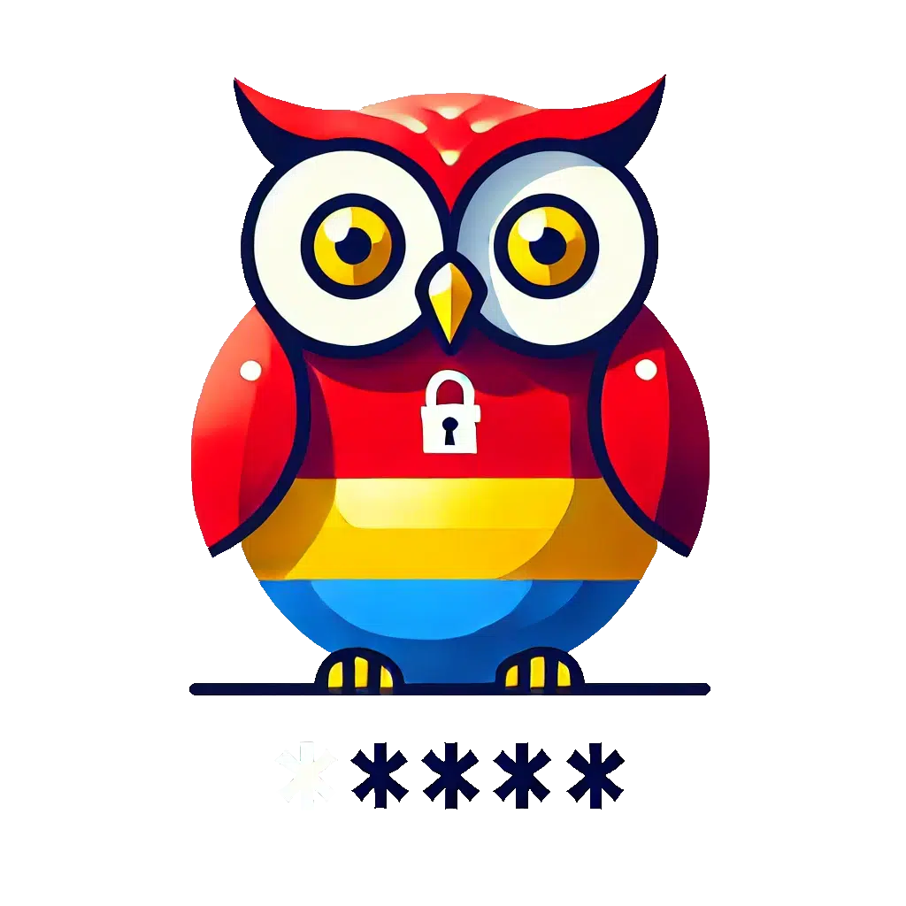 DALL·E 2024-09-19 19.00.33 - A modern owl design, maintaining the colors from the provided reference image, which are red, yellow, and blue. The owl should look like it is ready t